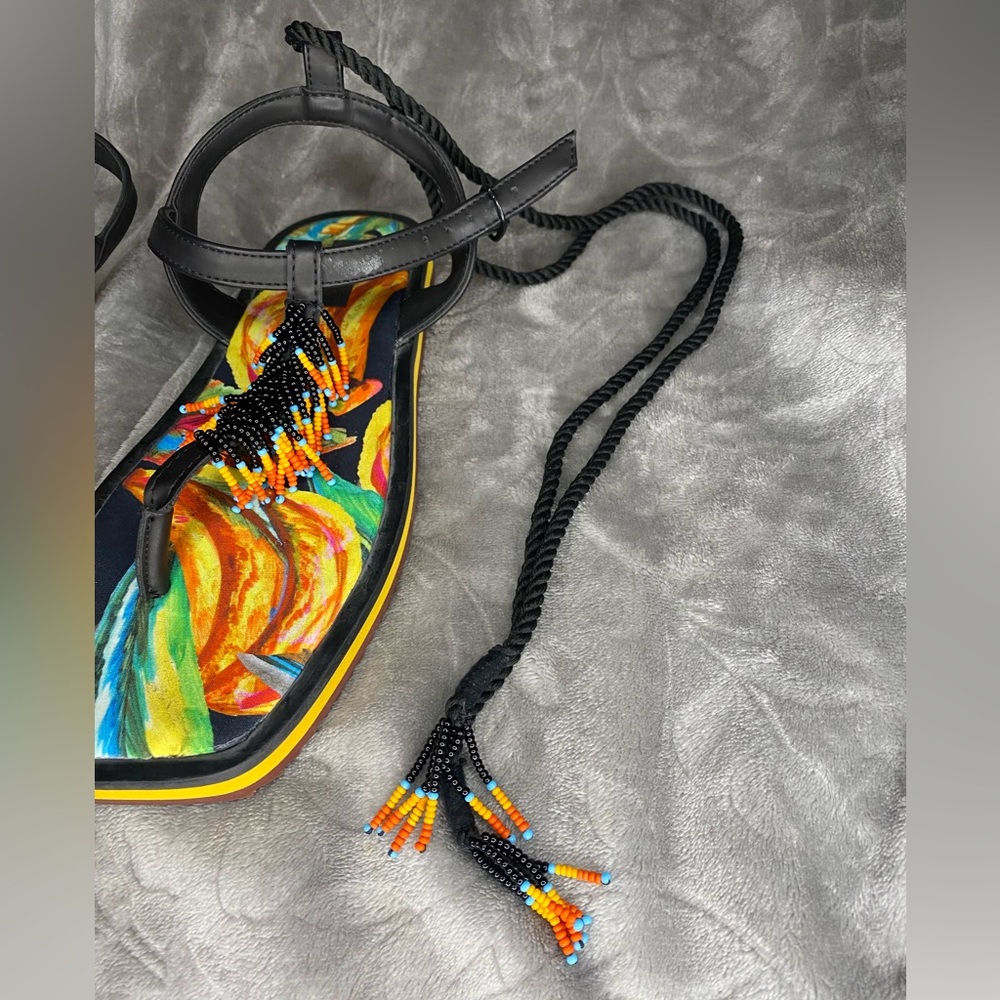 NWT Farm Rio Black Banana Beaded Flat Sandal 8 - Picture 5 of 7